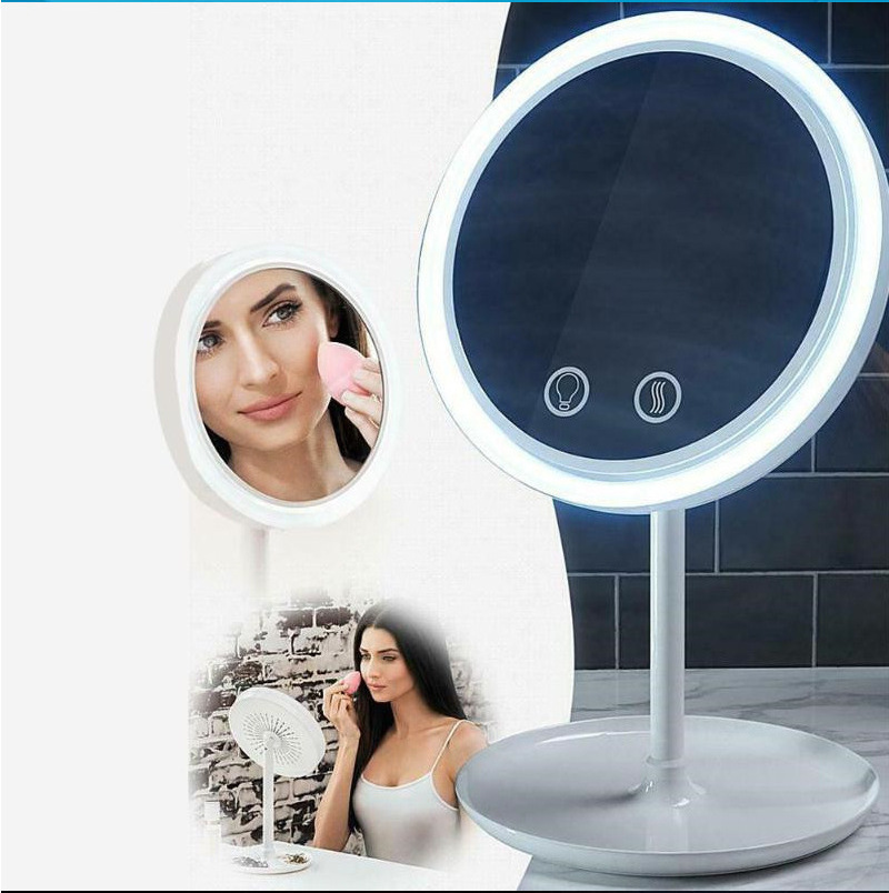 LED Makeup Mirror with Fans Portable Lighted Desktop Mirror USB Rechargeable Magnify Cosmetic Mirror LED Lights with Fans