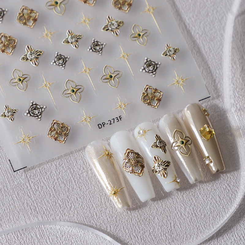 Japanese New Technique Metal Nail Art 5D 3D Flower Nail Sticker Professional Yellow Metal Shiny Nail Decals