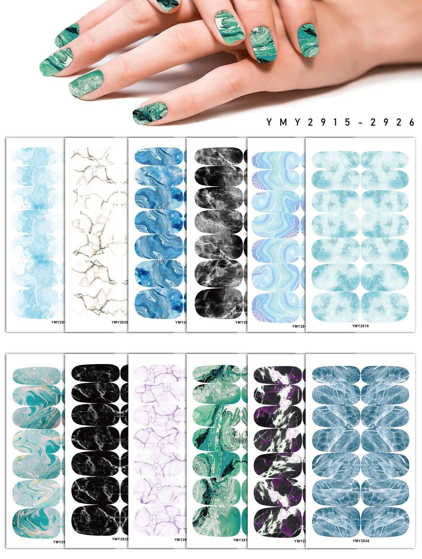 Marble Nails Supplies Pink Green Forest Ocean 3D Design Self Adhesive Mable Nail Wraps Nail Stickers