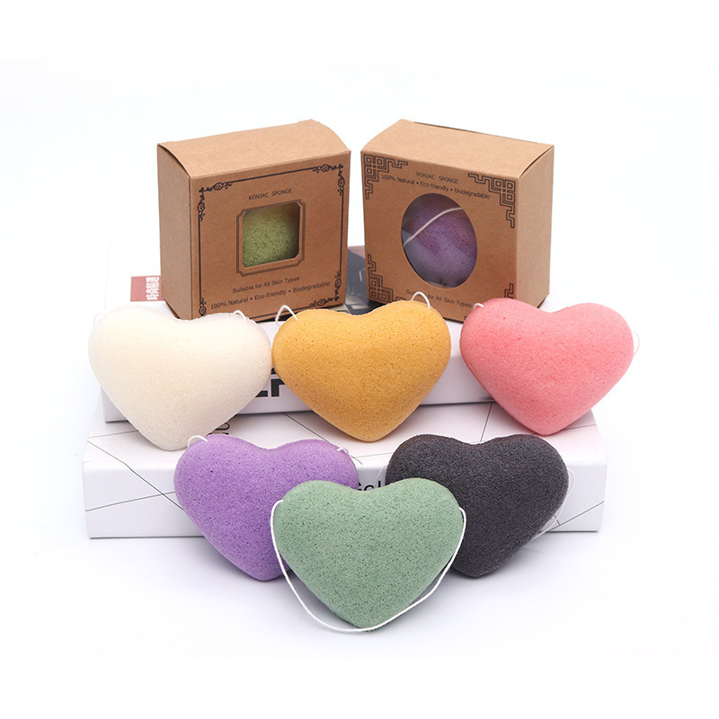 Natural Konjac Facial Sponge Heart Shape Gentle Face Cleansing Exfoliation with Activated Charcoal Aloe Vera Face Wash Sponge