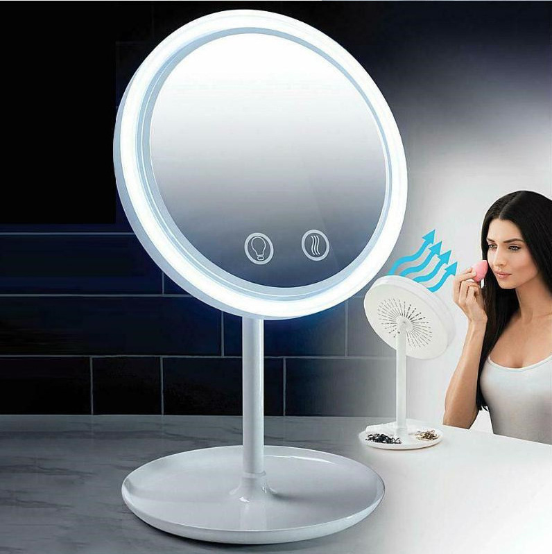 LED Makeup Mirror with Fans Portable Lighted Desktop Mirror USB Rechargeable Magnify Cosmetic Mirror LED Lights with Fans