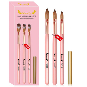 Nail Art Brush Set Pink Handle with Lid 3 Pieces per Set in Color Box Kolinsky Germany Nail Liner Gel Builder Manicure Brush