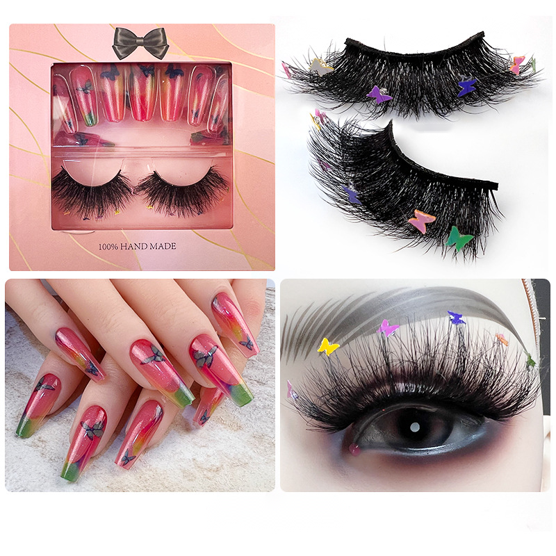 Butterfly Colorful False Eyelashes Fluffy Faux Mink Lashes Festival Styles Dramatic 3D Eyelashes n 24pcs Nails Party All in1 Kit