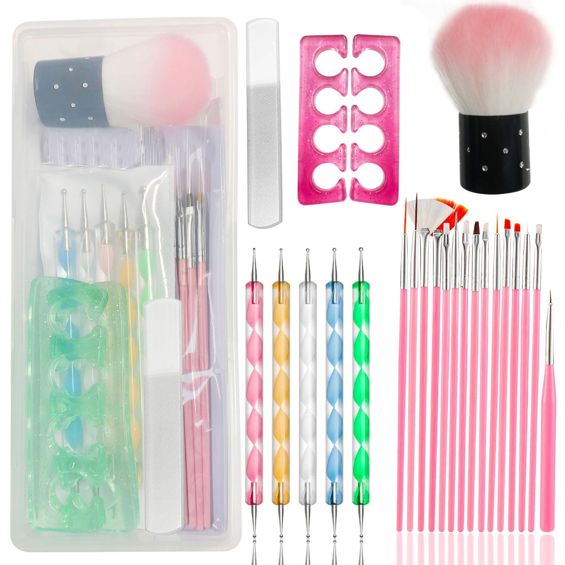 24pcs Nail Brush Set Silicone Toe Seporator Nano Nail File Dotting Pen Dust Brush Fan Brush for Nail Art