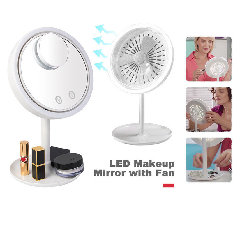 LED Makeup Mirror with Fans Portable Lighted Desktop Mirror USB Rechargeable Magnify Cosmetic Mirror LED Lights with Fans