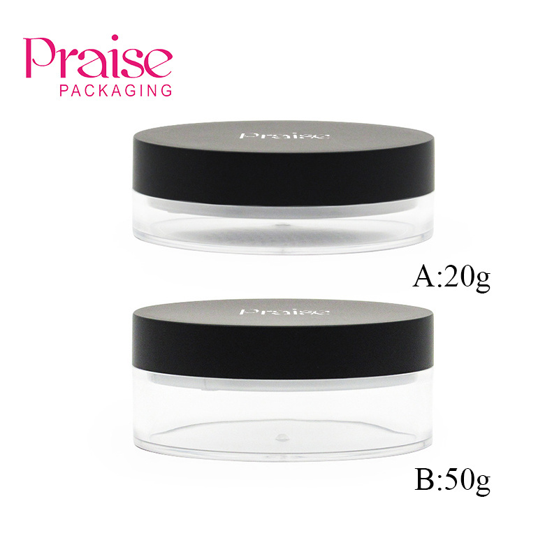 Free sample customized 20g/50g cosmetics loose powder case packaging, Stock round transparent plastic powder container sales