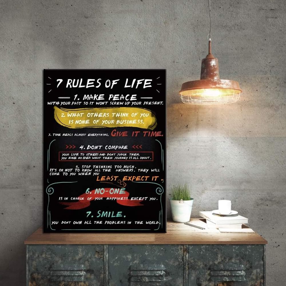 Inspirational Wall Art 7 Rules Of Life Motivational Office Canvas Poster Prints Quotes Home Decor Black and White Art for