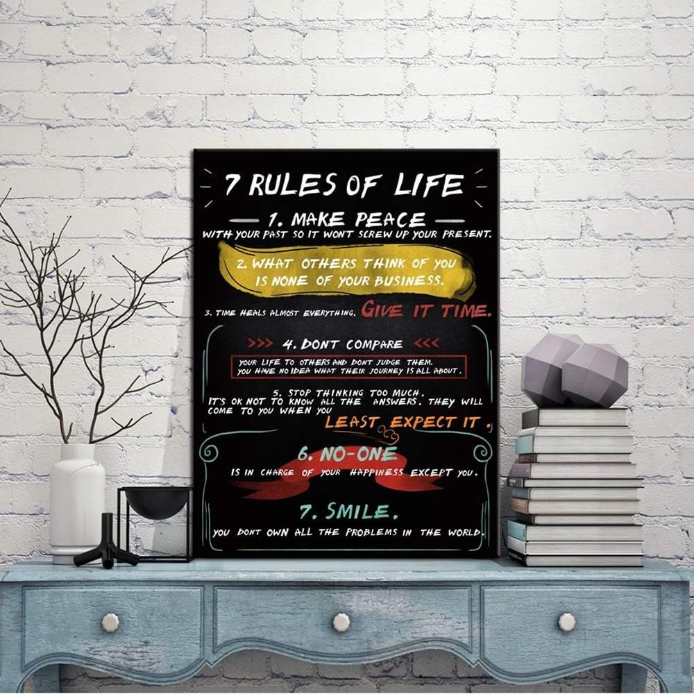 Inspirational Wall Art 7 Rules Of Life Motivational Office Canvas Poster Prints Quotes Home Decor Black and White Art for