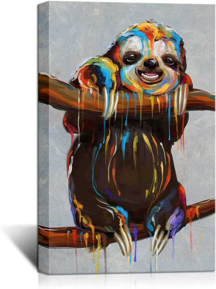 Cute Animal Canvas Wall Art a Colourful Sloth on the Branch Painting Print for Boys Bedroom Kids Gift Modern Home Art for Nurser