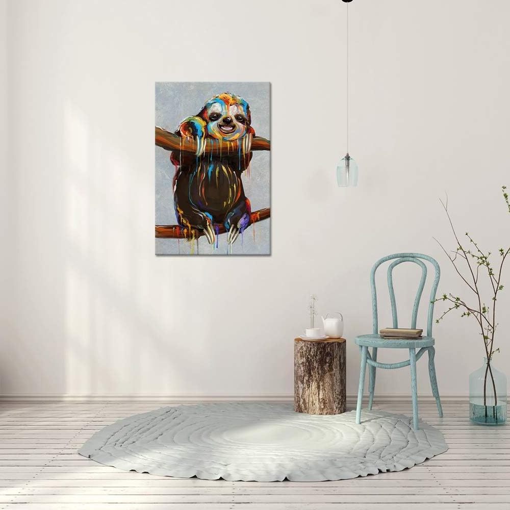 Cute Animal Canvas Wall Art a Colourful Sloth on the Branch Painting Print for Boys Bedroom Kids Gift Modern Home Art for Nurser