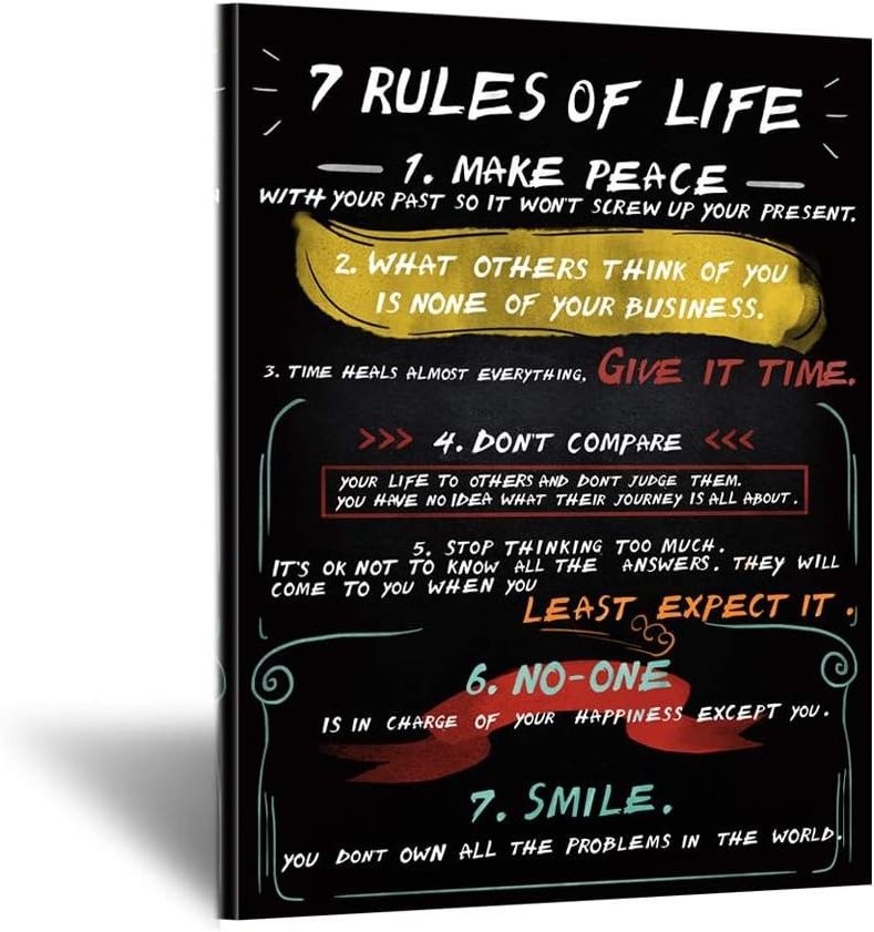 Inspirational Wall Art 7 Rules Of Life Motivational Office Canvas Poster Prints Quotes Home Decor Black and White Art for