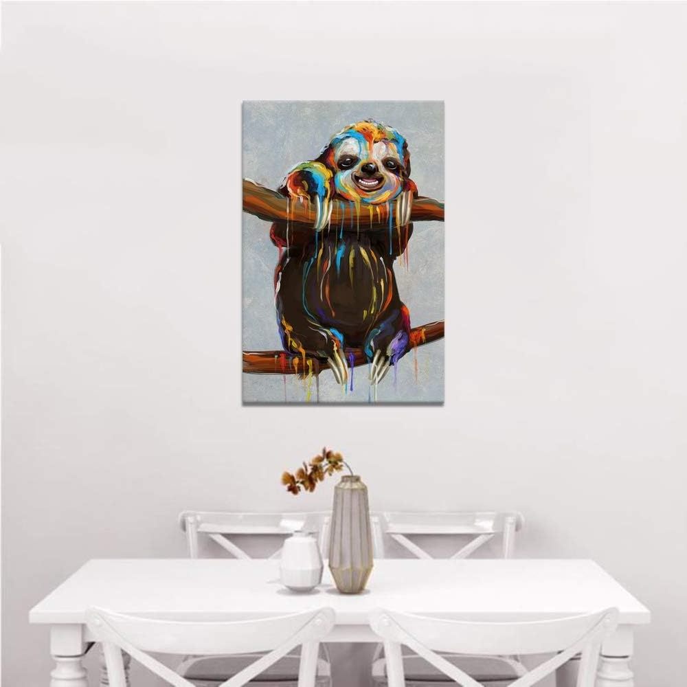 Cute Animal Canvas Wall Art a Colourful Sloth on the Branch Painting Print for Boys Bedroom Kids Gift Modern Home Art for Nurser