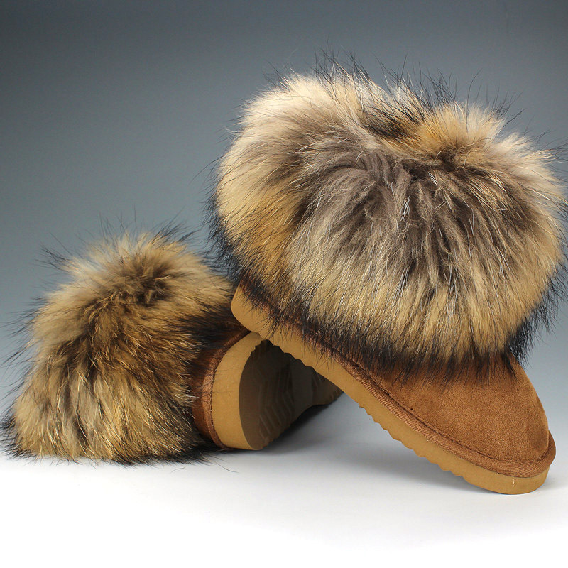 High Quality Warm Winter Snow Boots Woman Size US 12 Flat Heel Women Real Raccoon Fur Female Ankle Boots Winter Fur Boots