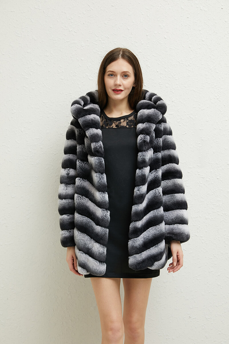 2021 Luxury Real Rex Rabbit Fur Jacket Overcoat Ladies Chinchilla Fashion Winter Warm Women Hooded Fur Coat