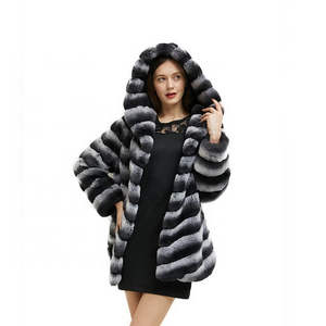 2021 Luxury Real Rex Rabbit Fur Jacket Overcoat Ladies Chinchilla Fashion Winter Warm Women Hooded Fur Coat