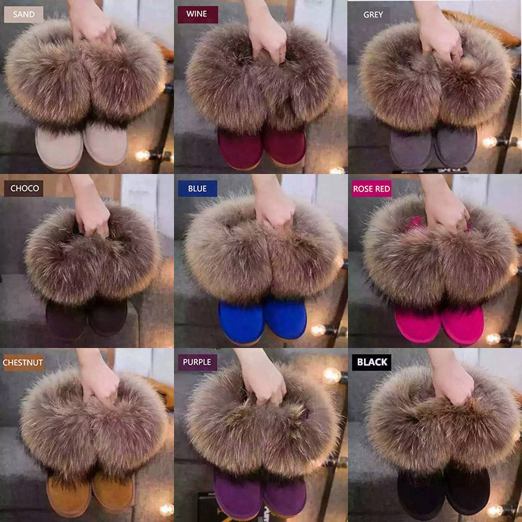 High Quality Warm Winter Snow Boots Woman Size US 12 Flat Heel Women Real Raccoon Fur Female Ankle Boots Winter Fur Boots