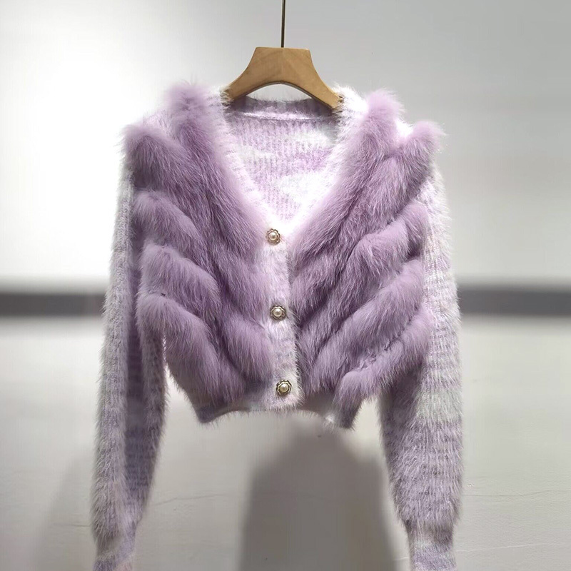 Fashionable Autumn Short Style Furry Cardigans Real Striped Fox Fur Knitted Crop Top Sweaters For Women