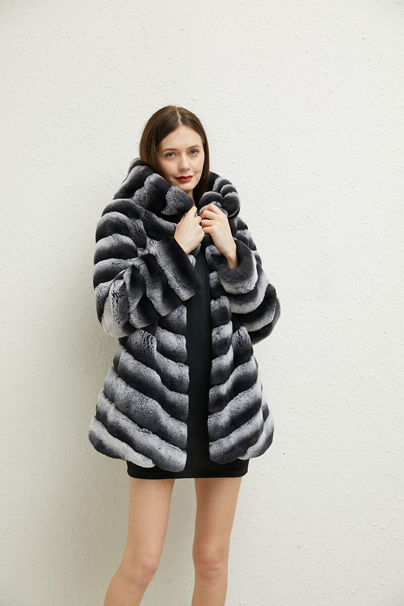 2021 Luxury Real Rex Rabbit Fur Jacket Overcoat Ladies Chinchilla Fashion Winter Warm Women Hooded Fur Coat