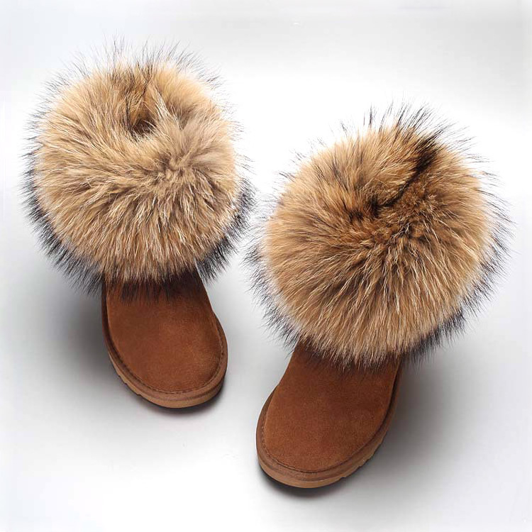 High Quality Warm Winter Snow Boots Woman Size US 12 Flat Heel Women Real Raccoon Fur Female Ankle Boots Winter Fur Boots