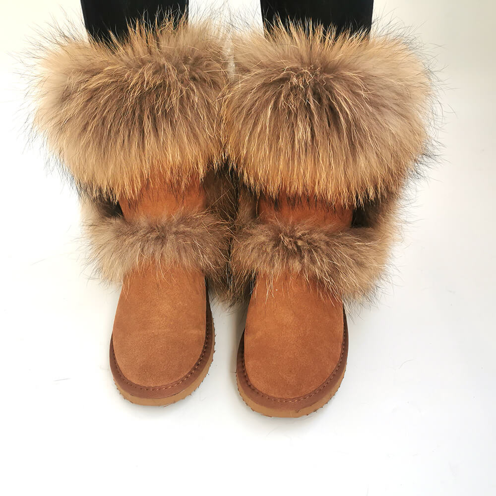 Black Chestnut Pretty Knee High Real Raccoon Fur Top Boots Fuzzy Mid Calf Fur Lined Boots For Women