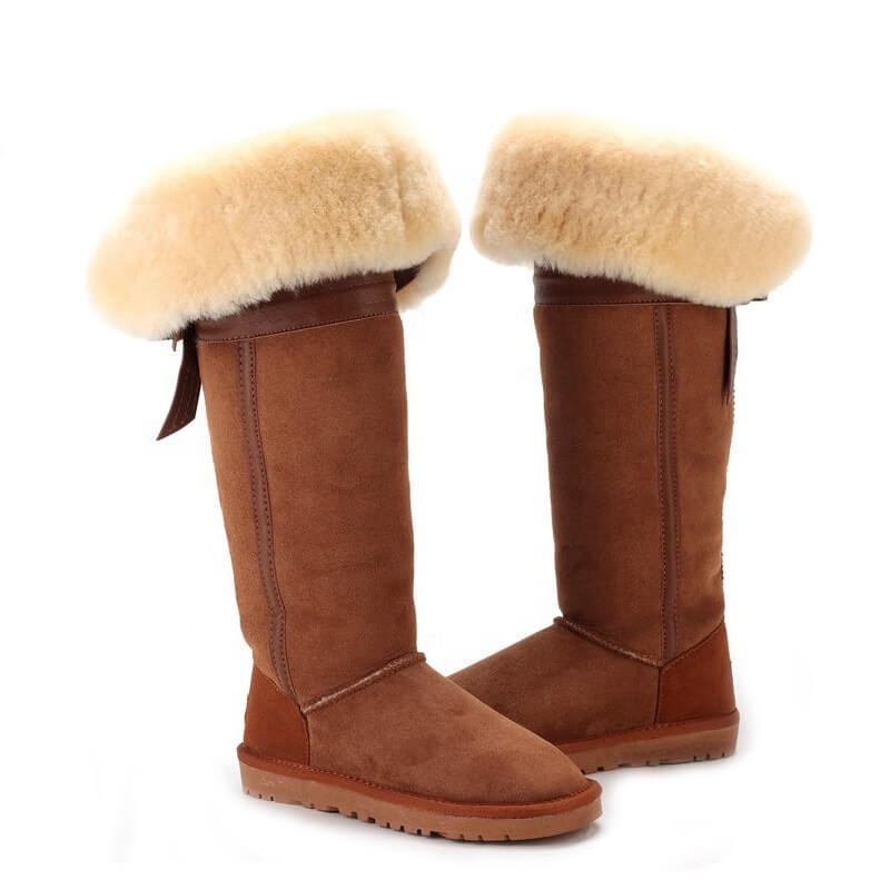 Casual Flat Real Sheepskin Snow Boots Thigh High Long Shes Women Wide Calf Western Over The Knee Boots