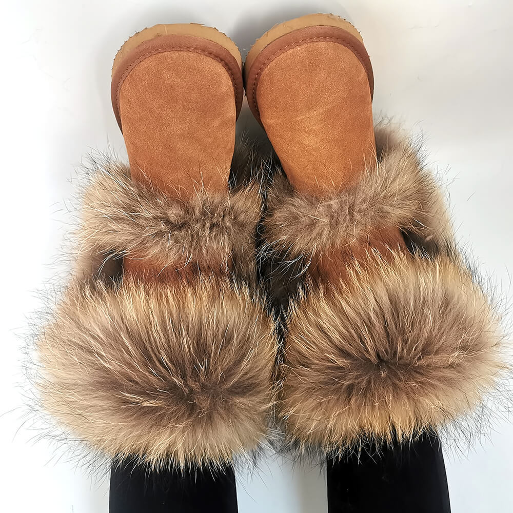 Black Chestnut Pretty Knee High Real Raccoon Fur Top Boots Fuzzy Mid Calf Fur Lined Boots For Women