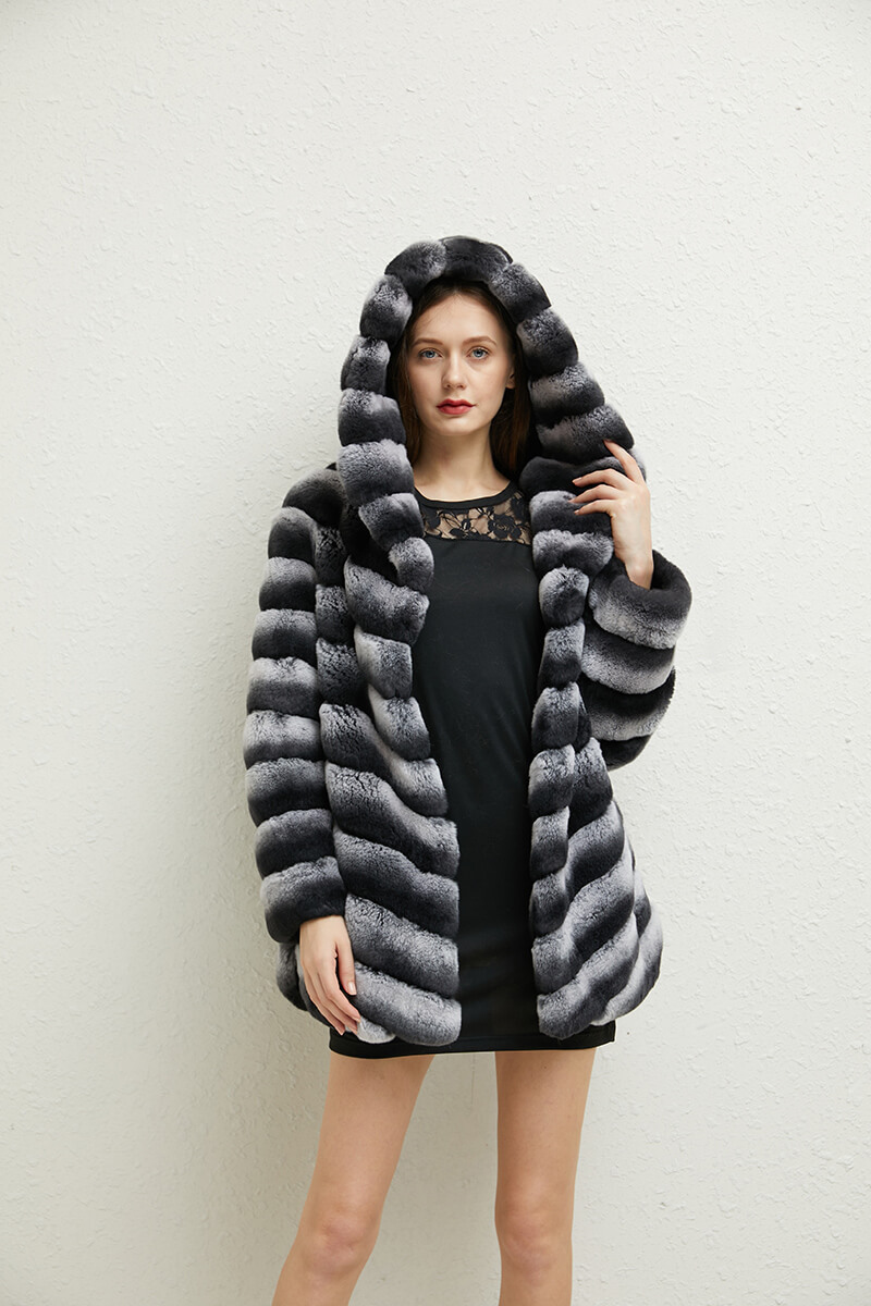 2021 Luxury Real Rex Rabbit Fur Jacket Overcoat Ladies Chinchilla Fashion Winter Warm Women Hooded Fur Coat