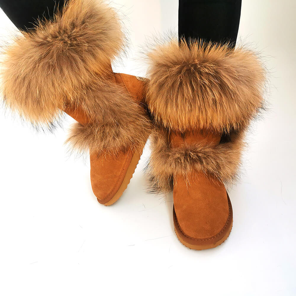 Racoon Fur Warm Boots Ladies Girls Womens 2020 Furry Raccoon Fox Real Fur Boots Snow Woman Winter Shoes