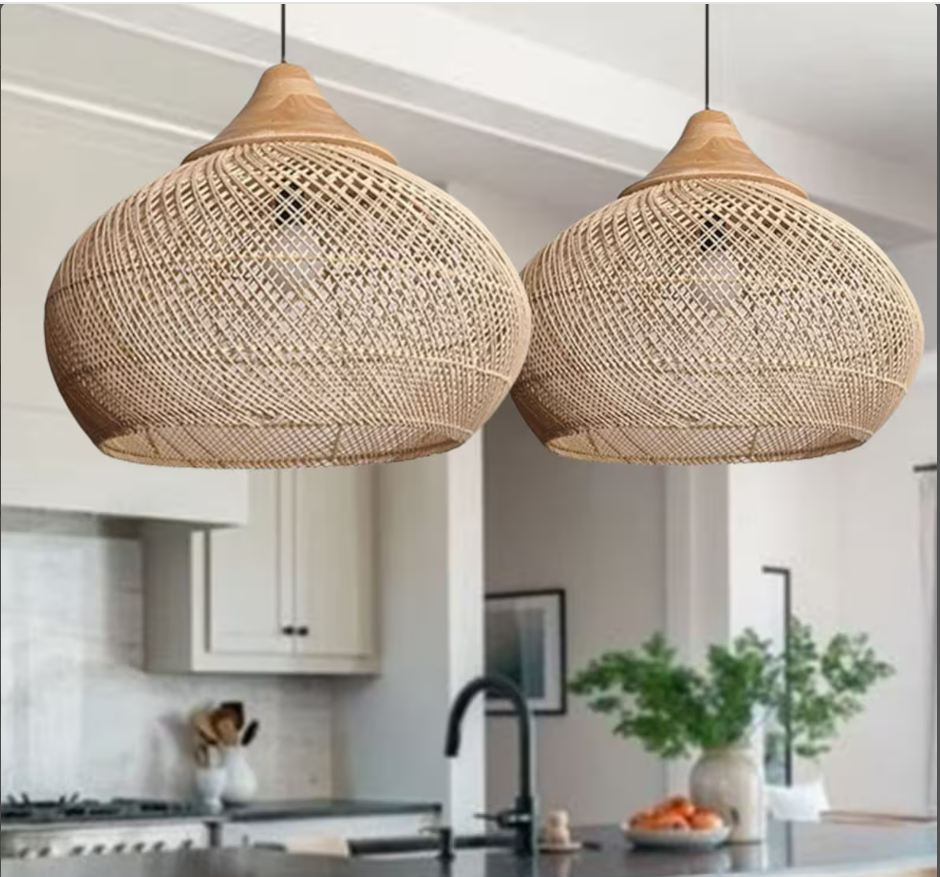 Vintage Pendant Light, Wood Rattan Light Fixture, Woven Rattan Lampshade Bamboo Lampshade Handmade