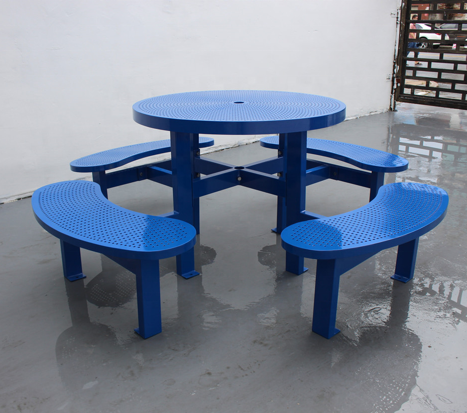 Durable commercial round outdoor metal picnic table and bench set park tables chairs outside steel chairs & table with umbrella