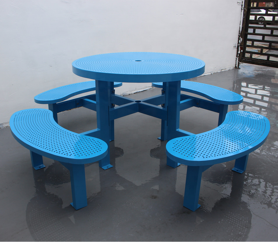 Durable commercial round outdoor metal picnic table and bench set park tables chairs outside steel chairs & table with umbrella