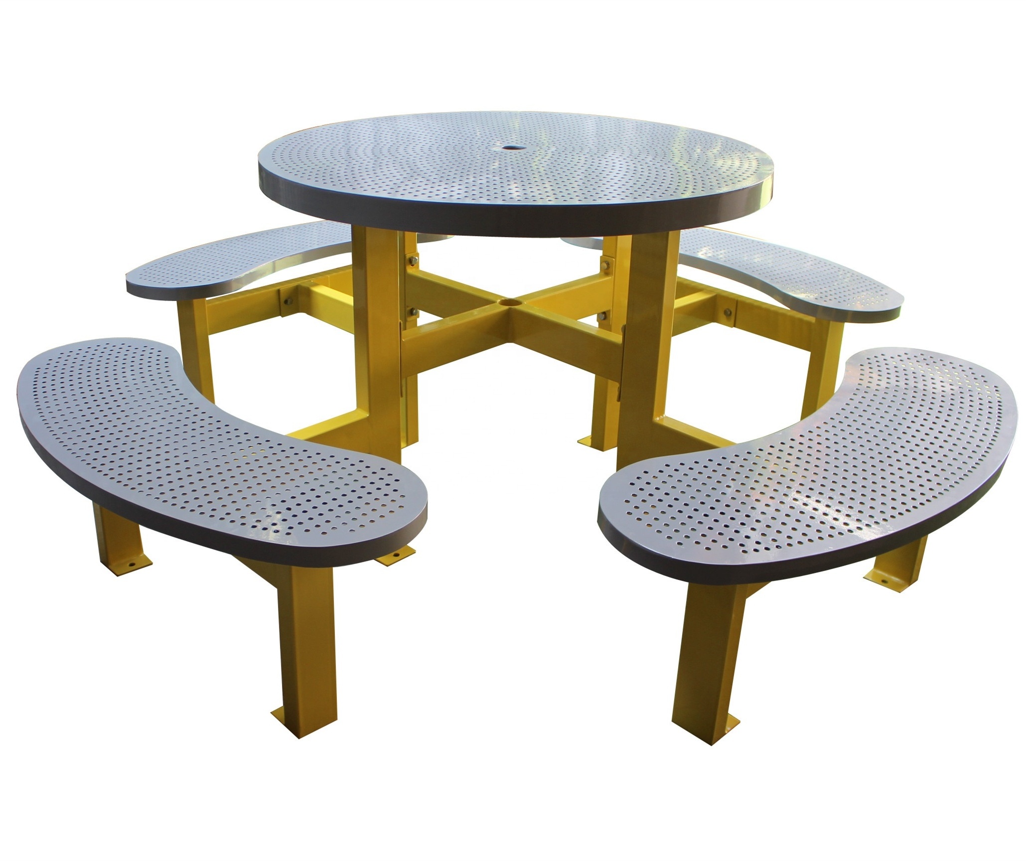 Durable commercial round outdoor metal picnic table and bench set park tables chairs outside steel chairs & table with umbrella