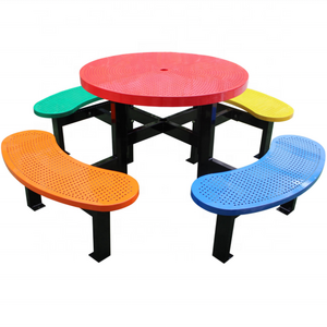 Durable commercial round outdoor metal picnic table and bench set park tables chairs outside steel chairs & table with umbrella