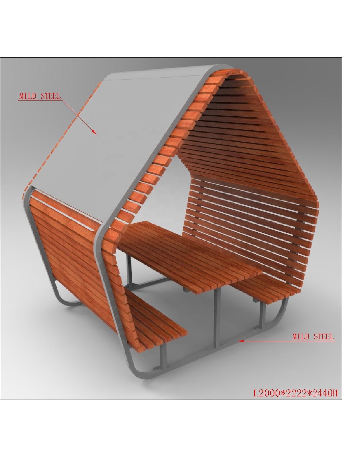 Outdoor street furniture steel frame and solid timber park table with added benches and gazebo shelter wood