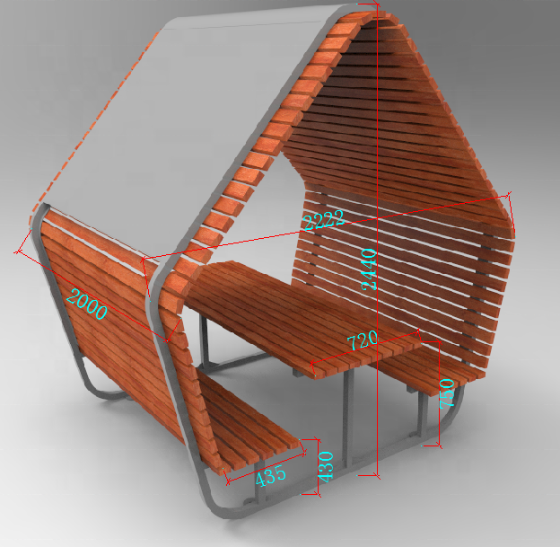 Outdoor street furniture steel frame and solid timber park table with added benches and gazebo shelter wood