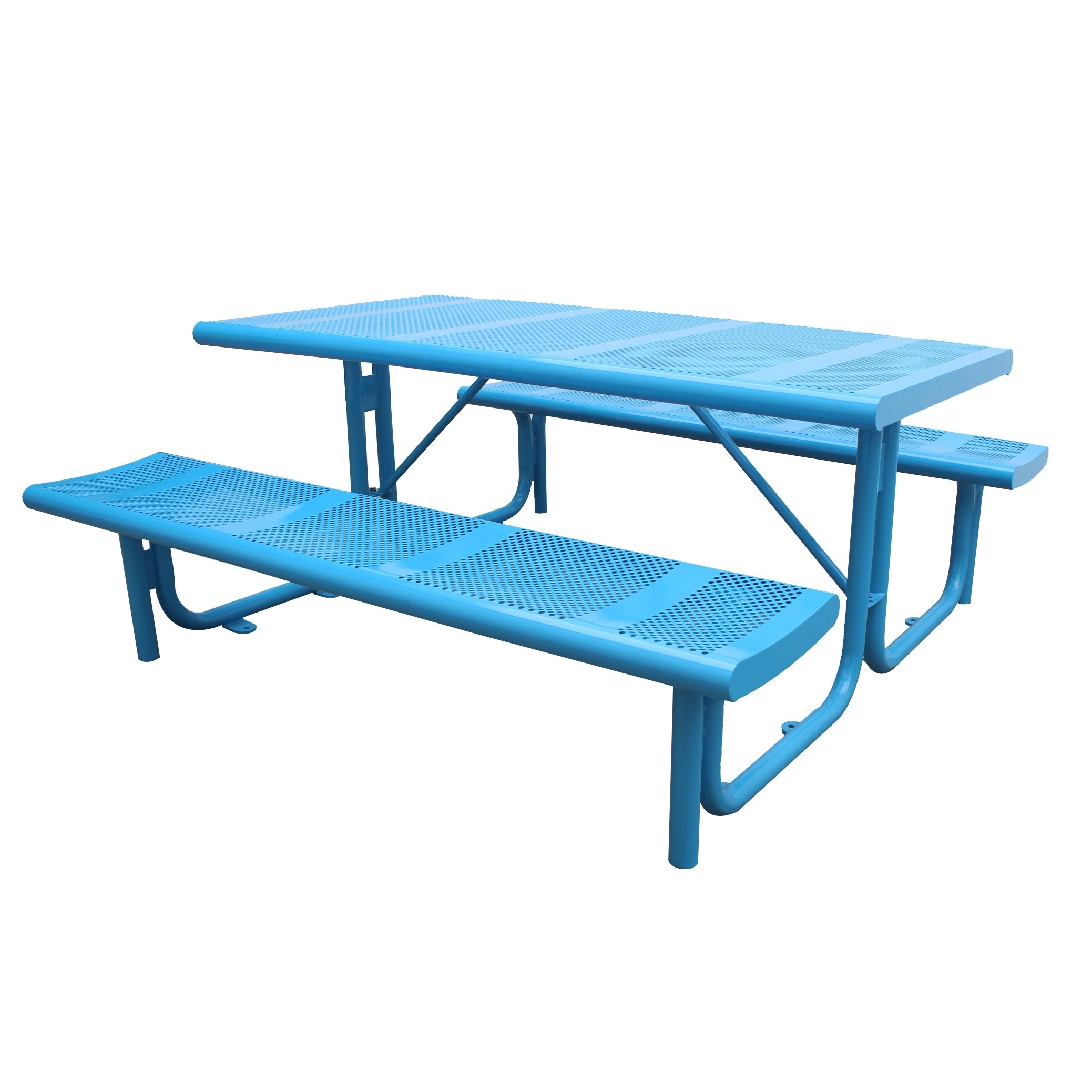 Commercial urban furniture steel rectangular outdoor picnic table with umbrella hole outdoor patio dining picnic table benches