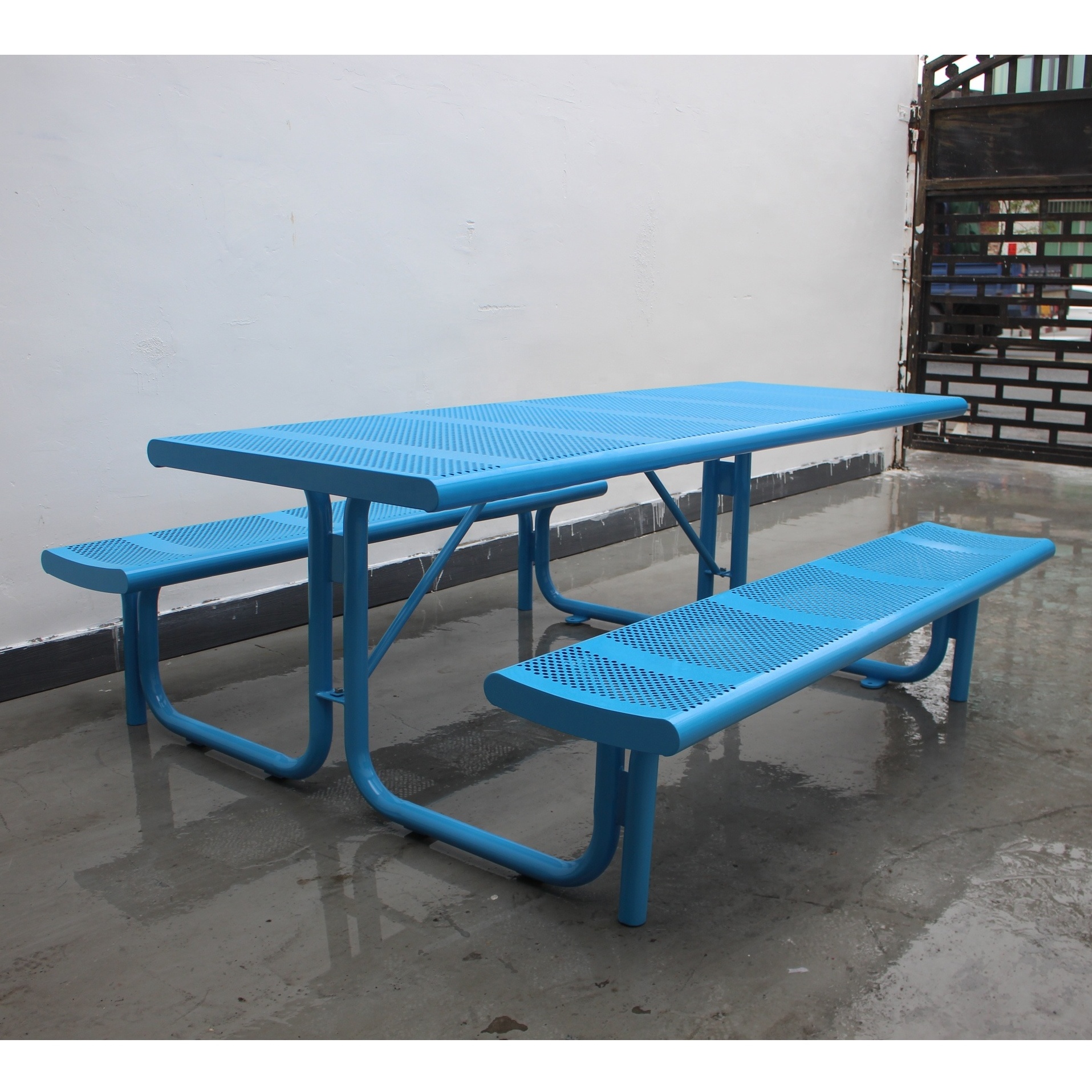 Commercial urban furniture steel rectangular outdoor picnic table with umbrella hole outdoor patio dining picnic table benches