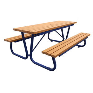 Out door park model furniture six seater recycled plastic wood picnic bench and table public garden patio modern wooden table