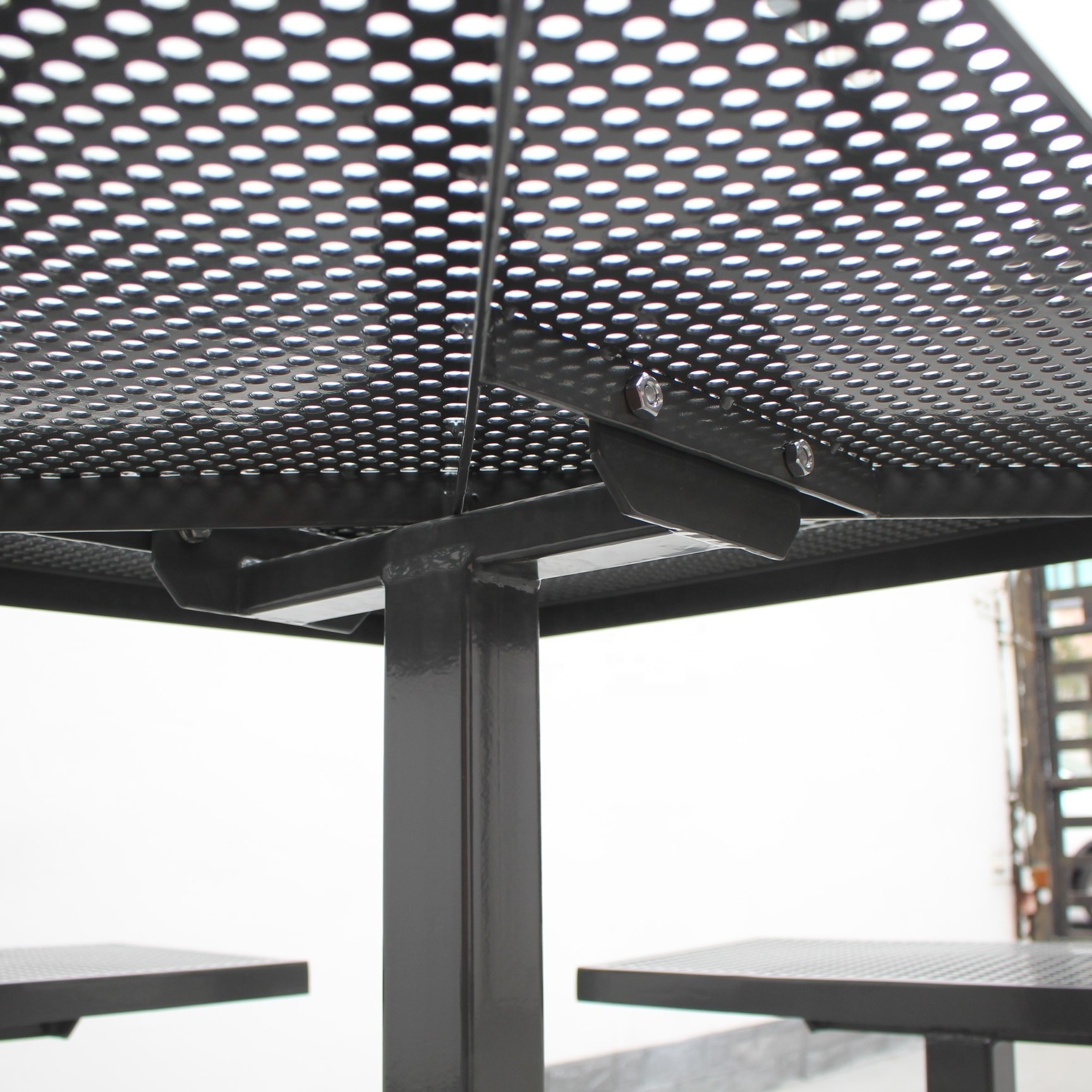 2022 New Gavin outdoor park street furniture metal commercial outdoor square table with umbrella hole steel iron park table set