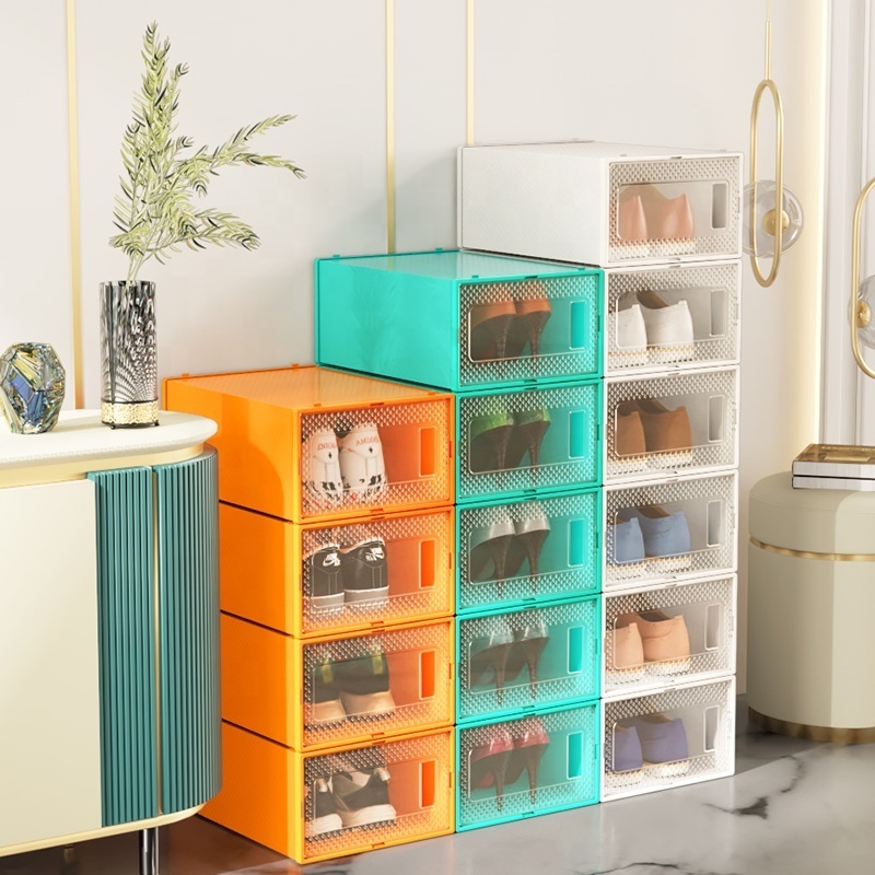 Shoe Boxes Stackable Bin Clear Plastic Organizer Storage Candy Color Sneaker Collapsible Wholesale Entryway Racks For Shoe Box