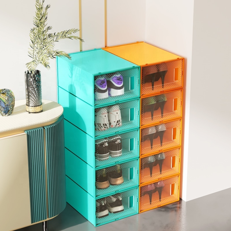 Shoe Boxes Stackable Bin Clear Plastic Organizer Storage Candy Color Sneaker Collapsible Wholesale Entryway Racks For Shoe Box