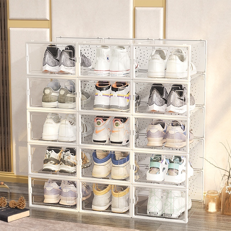 Wholesale Magnetic Shoe Storage Boxes Plastic Organizer Clear Transparent Sneaker Stackable Folding Display Dustproof Shoe Box