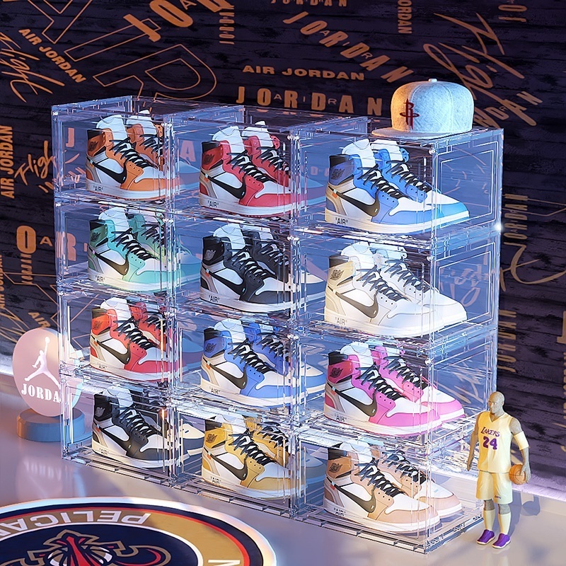 Magnetic Transparent Acrylic Plastic Drop Front Clear Stackable Sneakers Shoe Boxes Wholesale Container Organizer Shoe Box