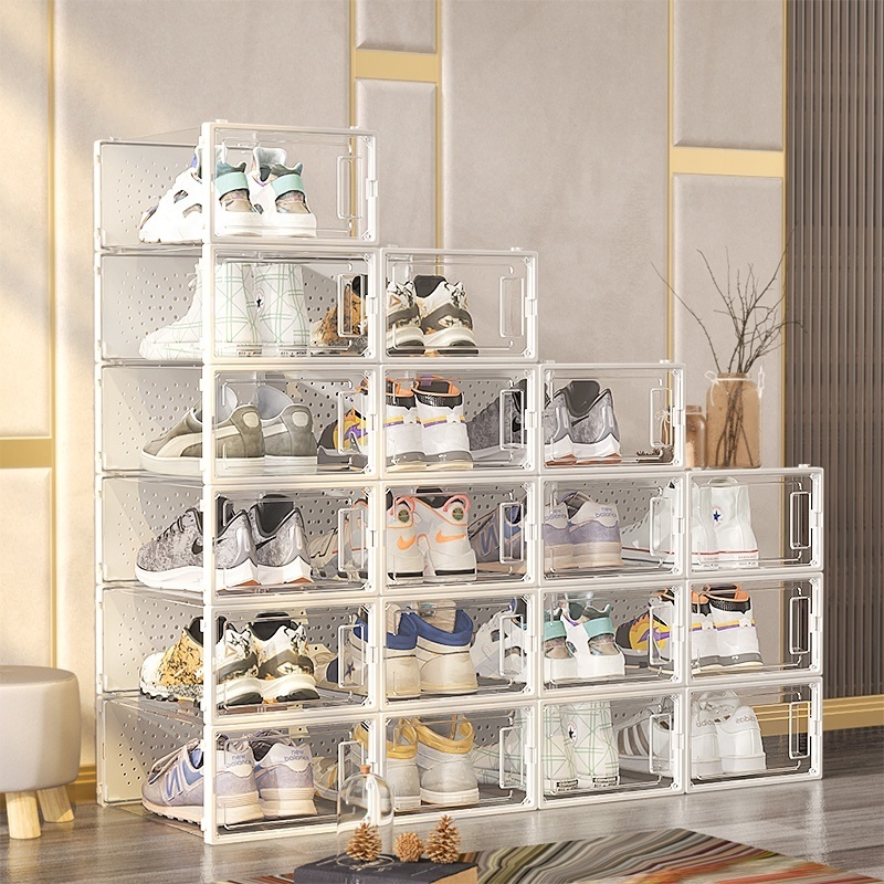 Wholesale Magnetic Shoe Storage Boxes Plastic Organizer Clear Transparent Sneaker Stackable Folding Display Dustproof Shoe Box