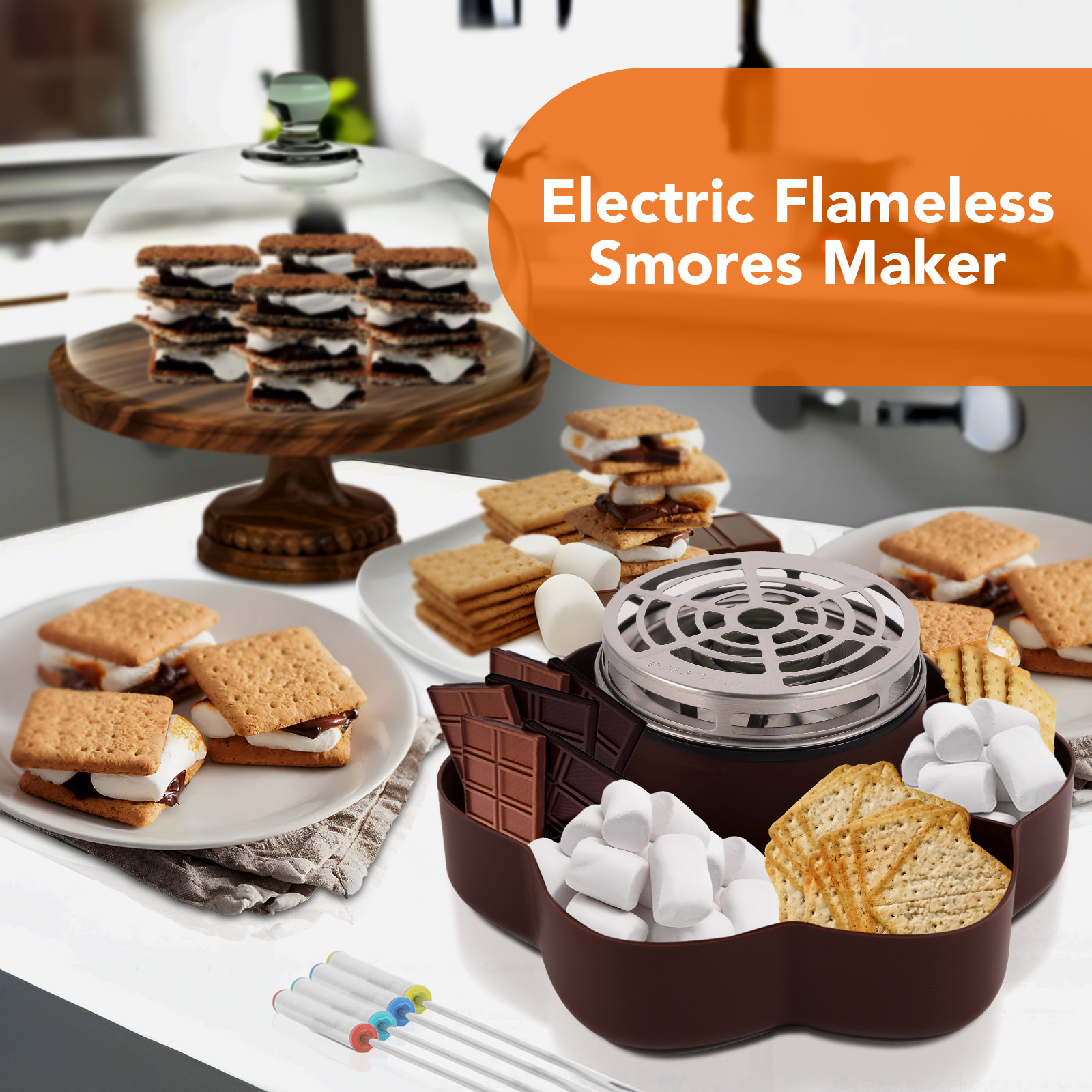 High quality ETL Approved Chocolate Marshmallow Roaster Tabletop Stainless Steel Indoor Electric Smores Maker with Four Forks