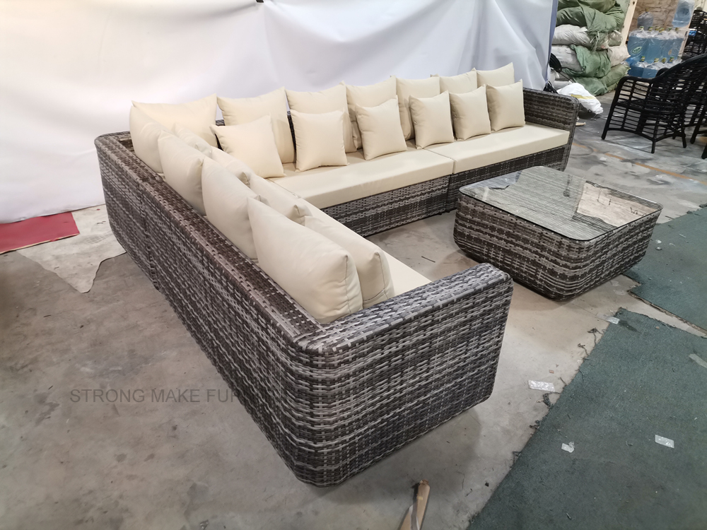 Guangzhou Modern Outdoor Furniture l Shaped Pool Side Patio Rope Rattan Teak Loveseat Wicker Garden Corner Sofa Set