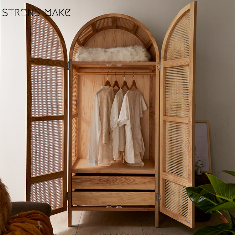 Nordic Design Wabi Sabi Double Door Bedroom Furniture Closet Organizer  Clothes Storage Shelves Wooden Arched Rattan Wardrobe