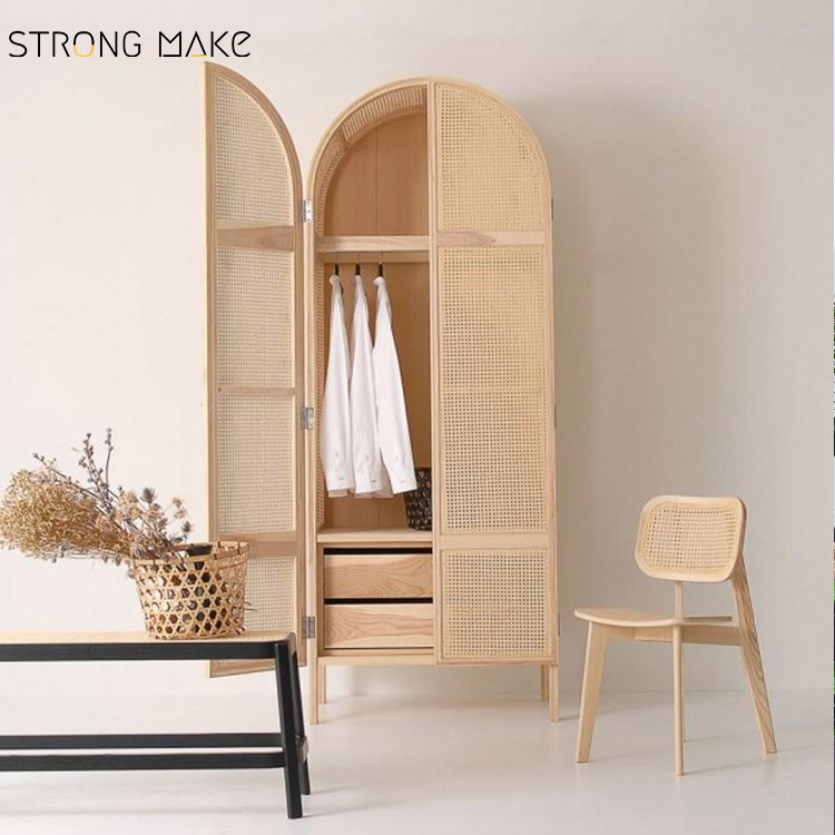 Nordic Design Wabi Sabi Double Door Bedroom Furniture Closet Organizer  Clothes Storage Shelves Wooden Arched Rattan Wardrobe