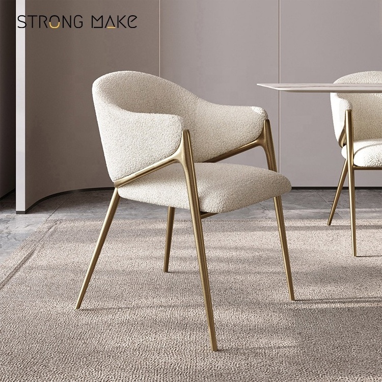 Nordic Velvet Kitchen Restaurant Furniture Teddy Dinning Room Table Chair Modern Luxury White Boucle Dining Chair With Gold Legs