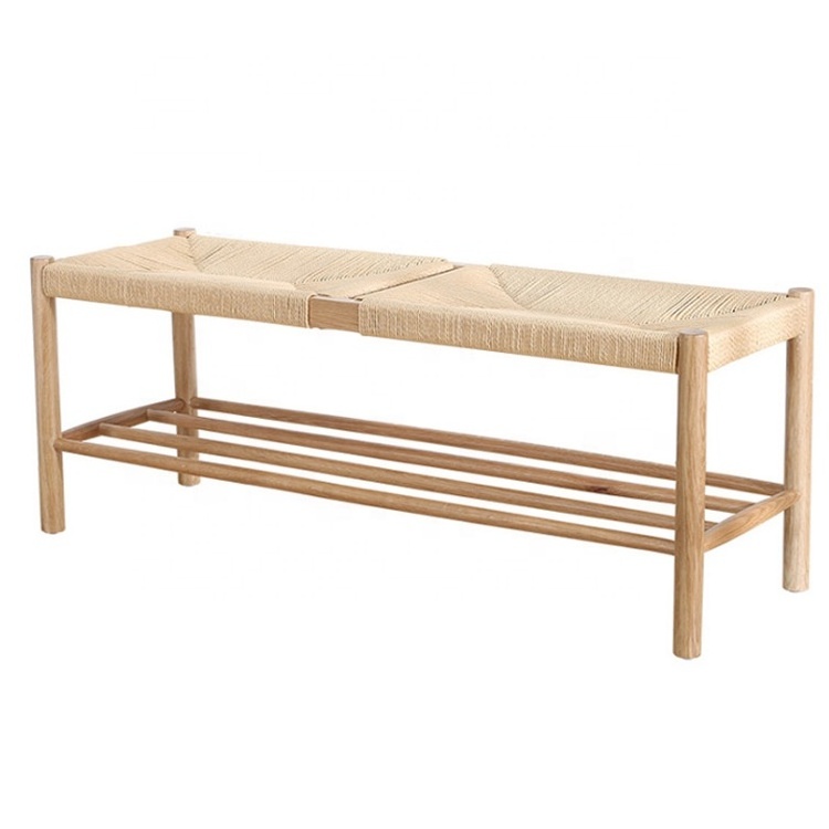 New Design Indoor Modern Oak Solid Ash Wood Storage Footstool Rattan Woven Bench With Shoe Cabinet